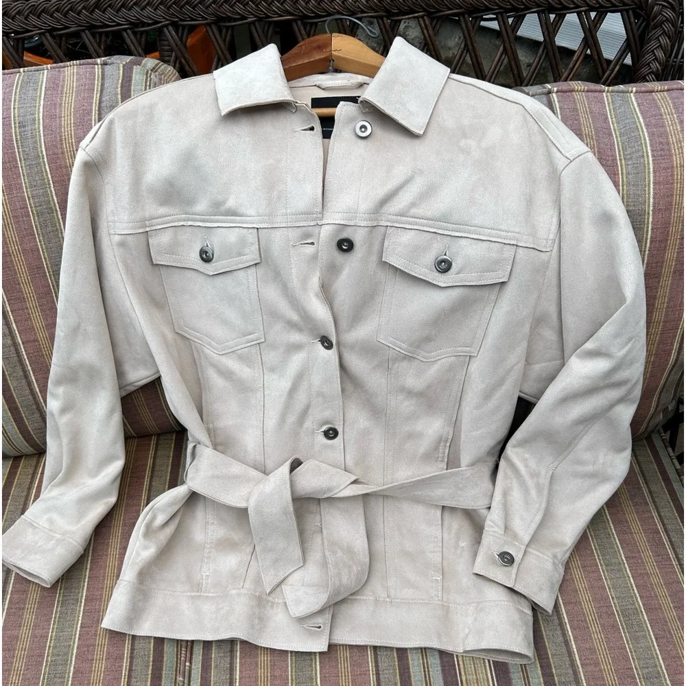 Zara Light Taupe Suede Belted Jacket - Picture 2 of 4